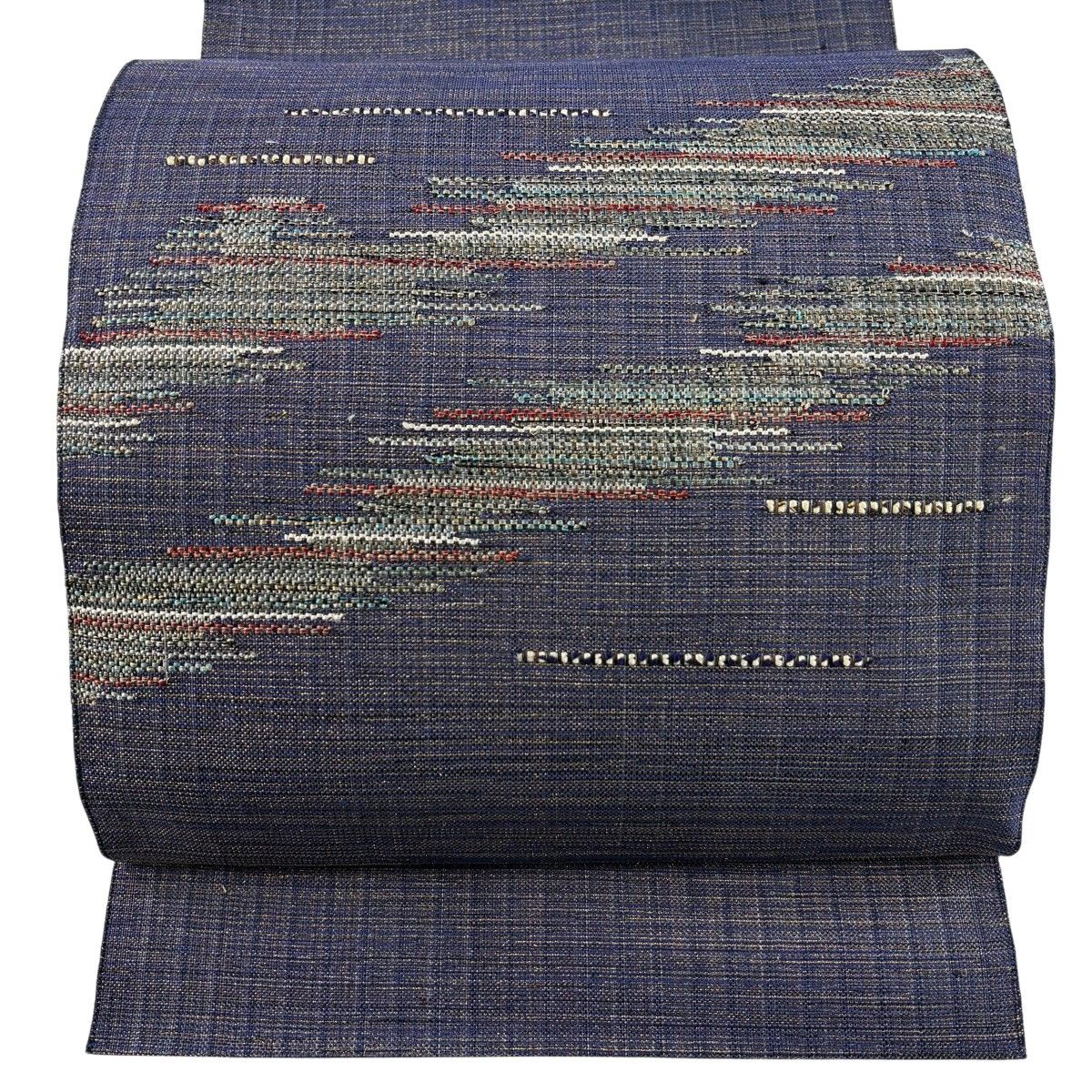 【美品】 名古屋帯 秀品 八寸名古屋帯 松葉仕立て 縞 幾何学 金糸 紺色 正絹 【中古】