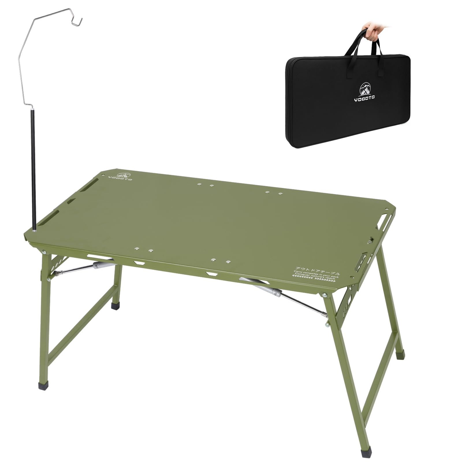 YOGOTO アウトドアテーブル 75x40cm アルミ製 ランタンポール付 収納袋付 ミリタリーグリーン キャンプ BBQ ピクニック 庭先