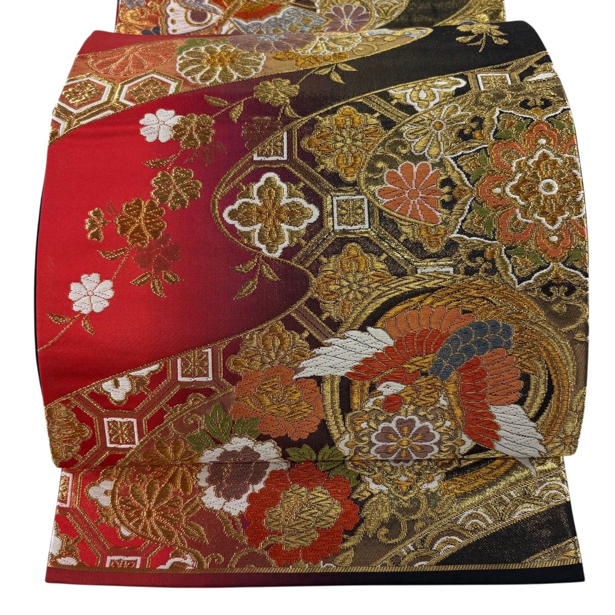 【美品】 袋帯 秀品 花鳥 蝶 金銀糸 箔 赤 六通 正絹 【中古】