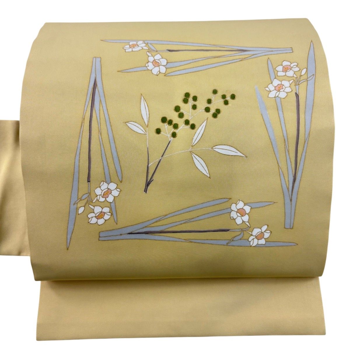 名古屋帯 秀品 葉と実 草花 金糸 刺繍 薄黄 正絹 【中古】 7,040円