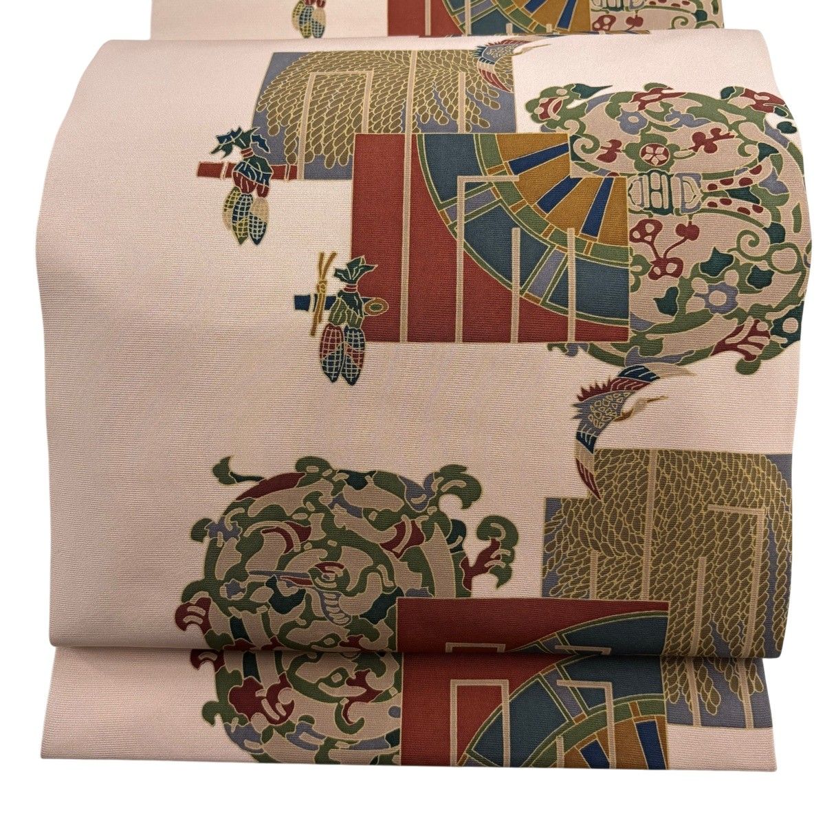 【美品】 名古屋帯 秀品 松葉仕立て 八寸名古屋帯 源氏香 鶴 ピンク 正絹 【中古】