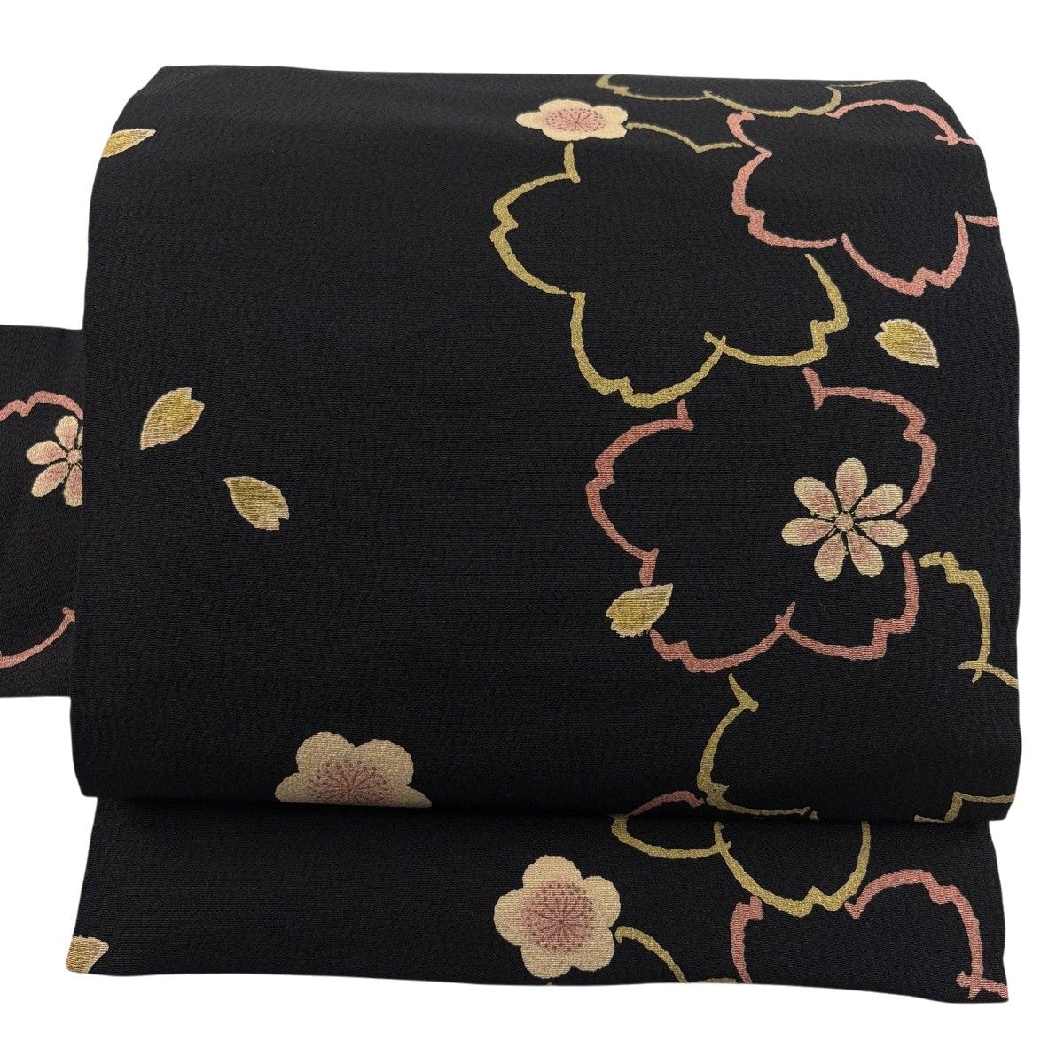 名古屋帯 秀品 桜 桜の花びら 金彩 黒 正絹 【中古】