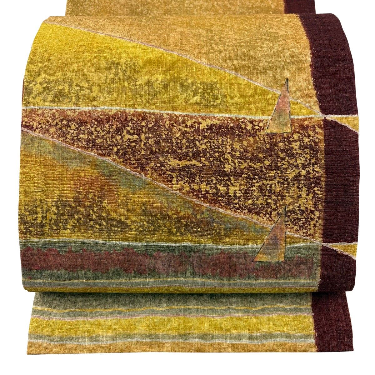 【美品】 袋帯 秀品 紬地 幾何学模様 山吹茶色 お太鼓柄 正絹 【中古】 7,040円