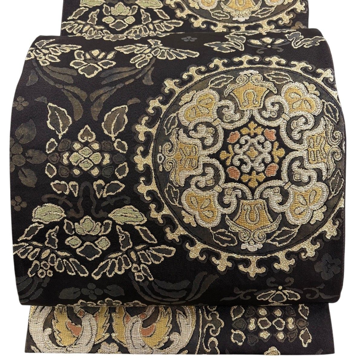 【美品】 袋帯 秀品 向かい鳥 華文 金銀糸 箔 焦茶色 六通 正絹 【中古】
