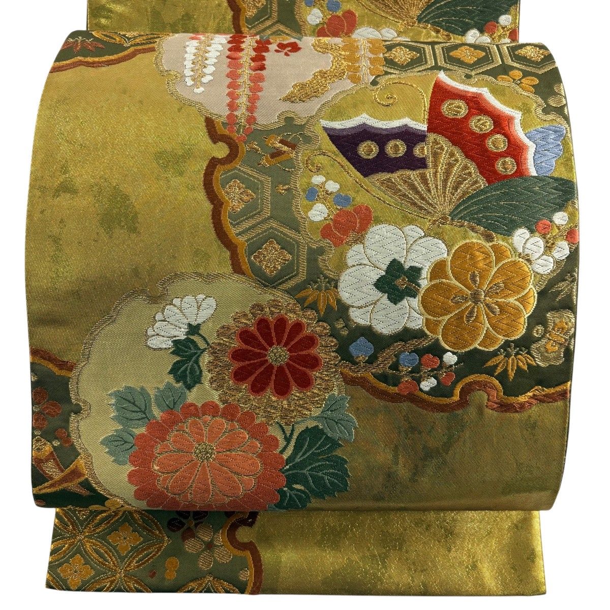 袋帯 美品 秀品 振袖向き 花 雪輪 唐織 金糸 黒 六通 正絹 【中古】