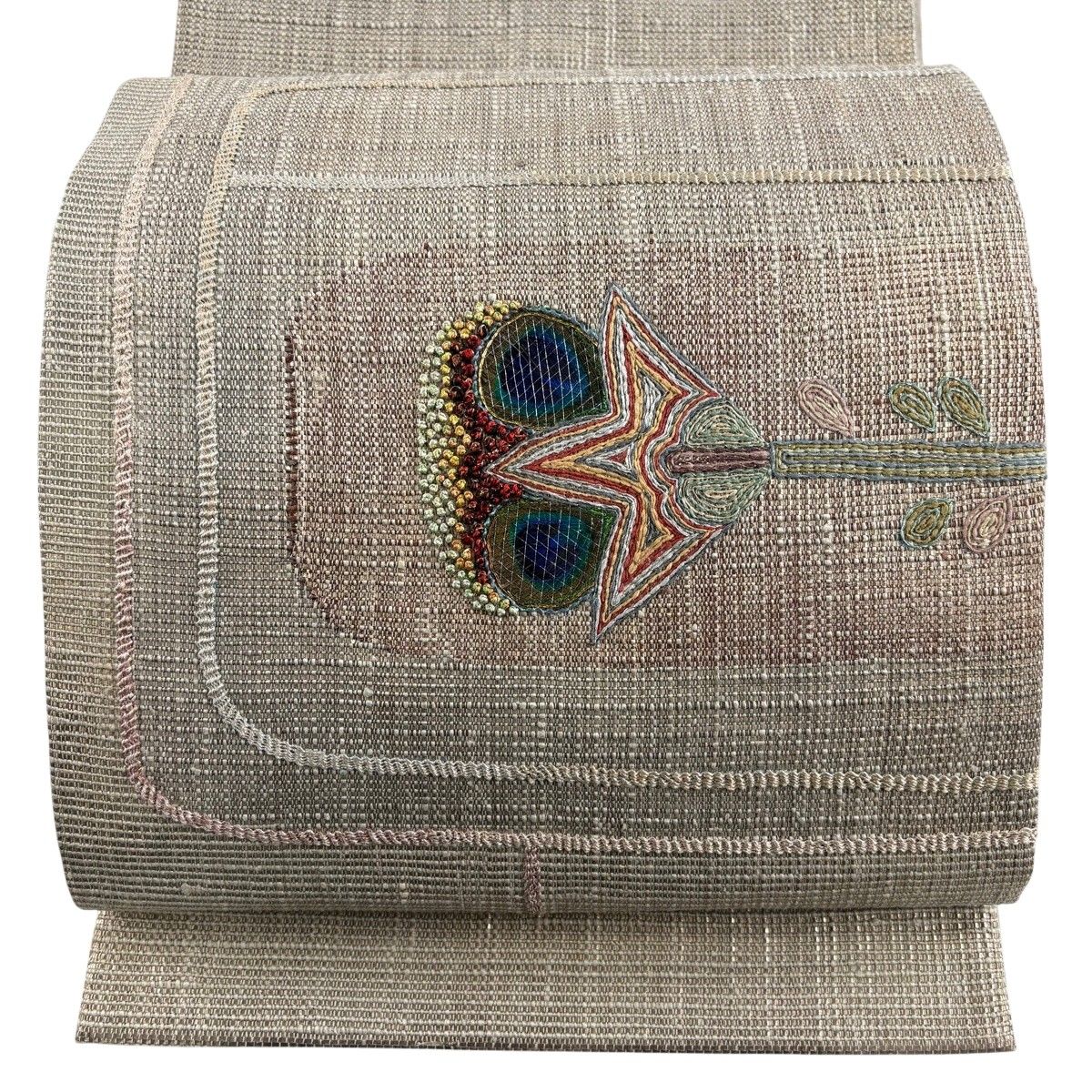 袋帯 秀品 草花 幾何学 箔 刺繍 灰茶 お太鼓柄 正絹 【中古】