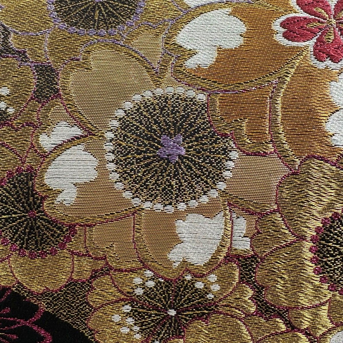 袋帯 美品 秀品 枝垂れ桜 草花 金銀糸 箔 紫 六通 正絹 【中古 