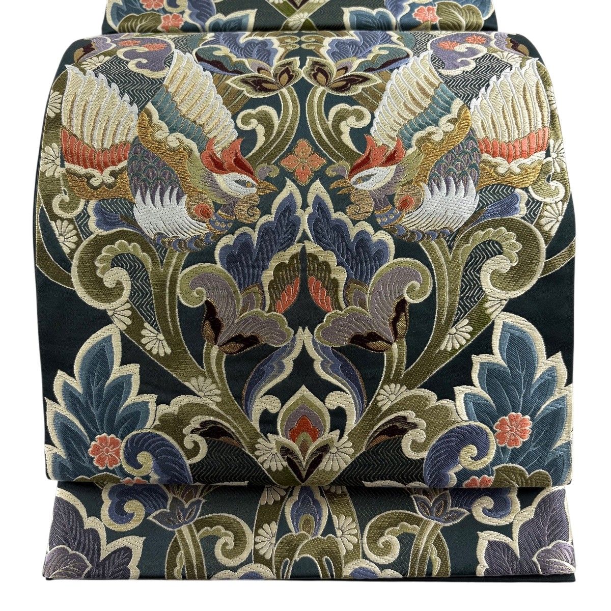 【美品】 袋帯 秀品 東大寺宝冠 向かい鳥 草花 金糸 箔 深緑 六通 正絹 【中古】
