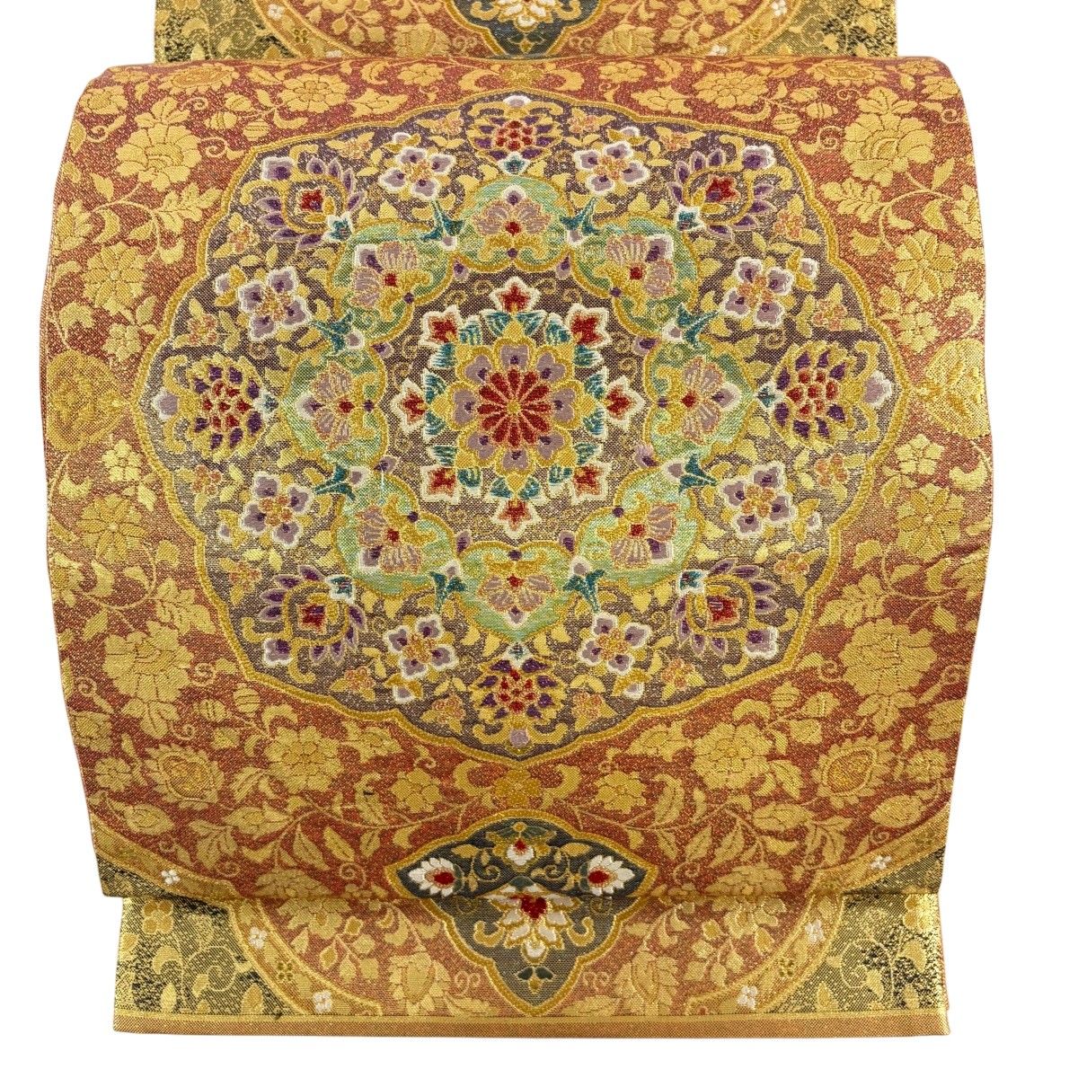 【美品】 袋帯 秀品 華文 花唐草 金糸 箔 赤茶 六通 正絹 【中古】