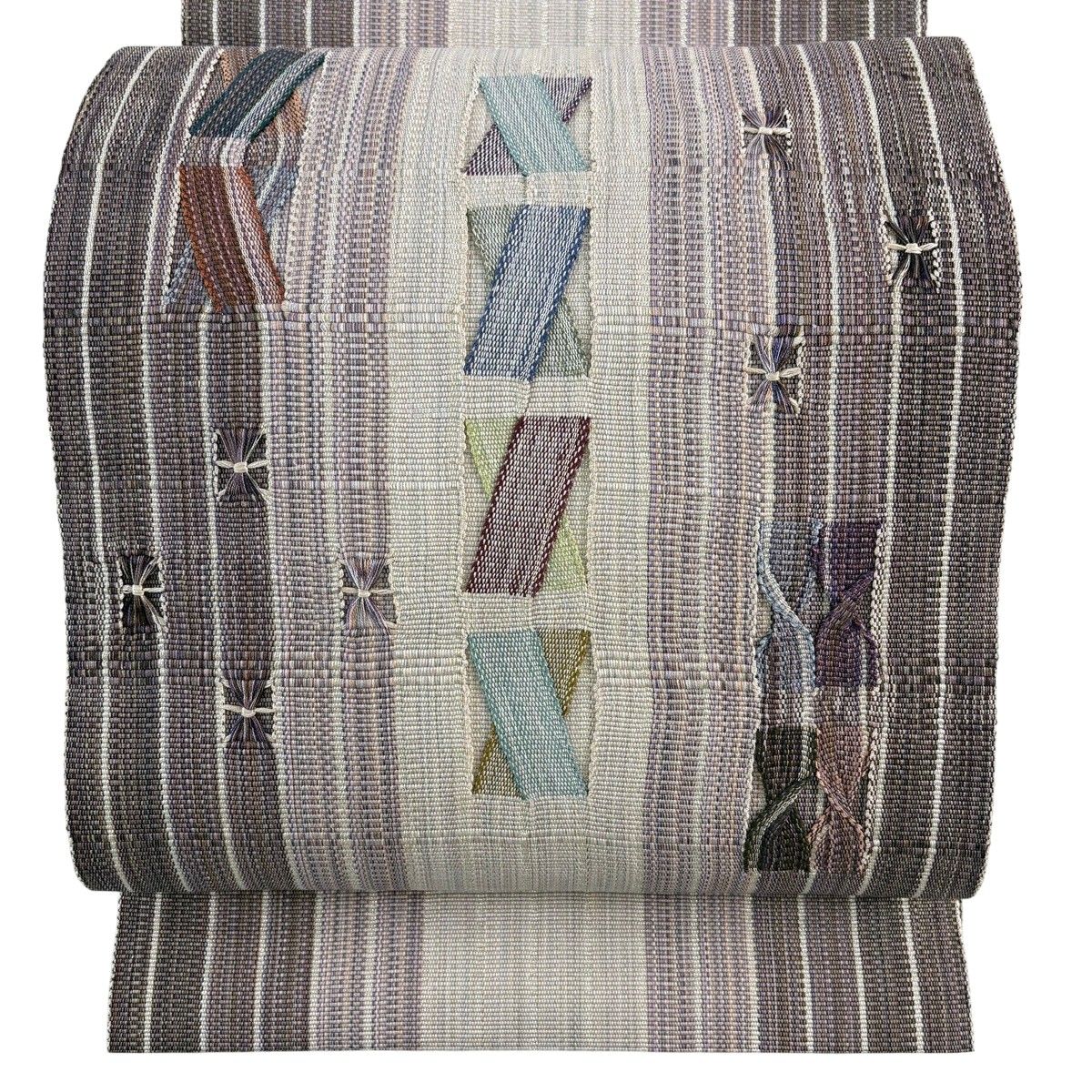 【美品】 名古屋帯 秀品 松葉仕立て 八寸名古屋帯 縞 幾何学模様 銀通し 灰紫 正絹 【中古】
