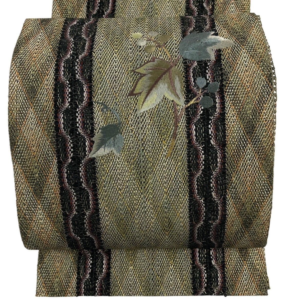 【美品】 名古屋帯 秀品 松葉仕立て 八寸名古屋帯 やまと 葉と実 縞 金通し 刺繍 灰緑 正絹 【中古】