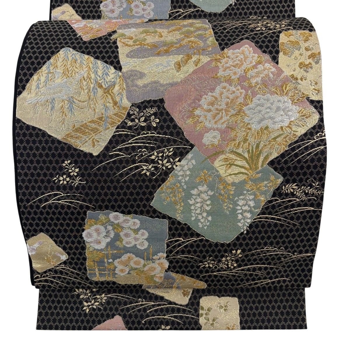 【美品】 袋帯 秀品 彩牡丹色紙紋 金銀糸 箔 黒 六通 正絹 【中古】
