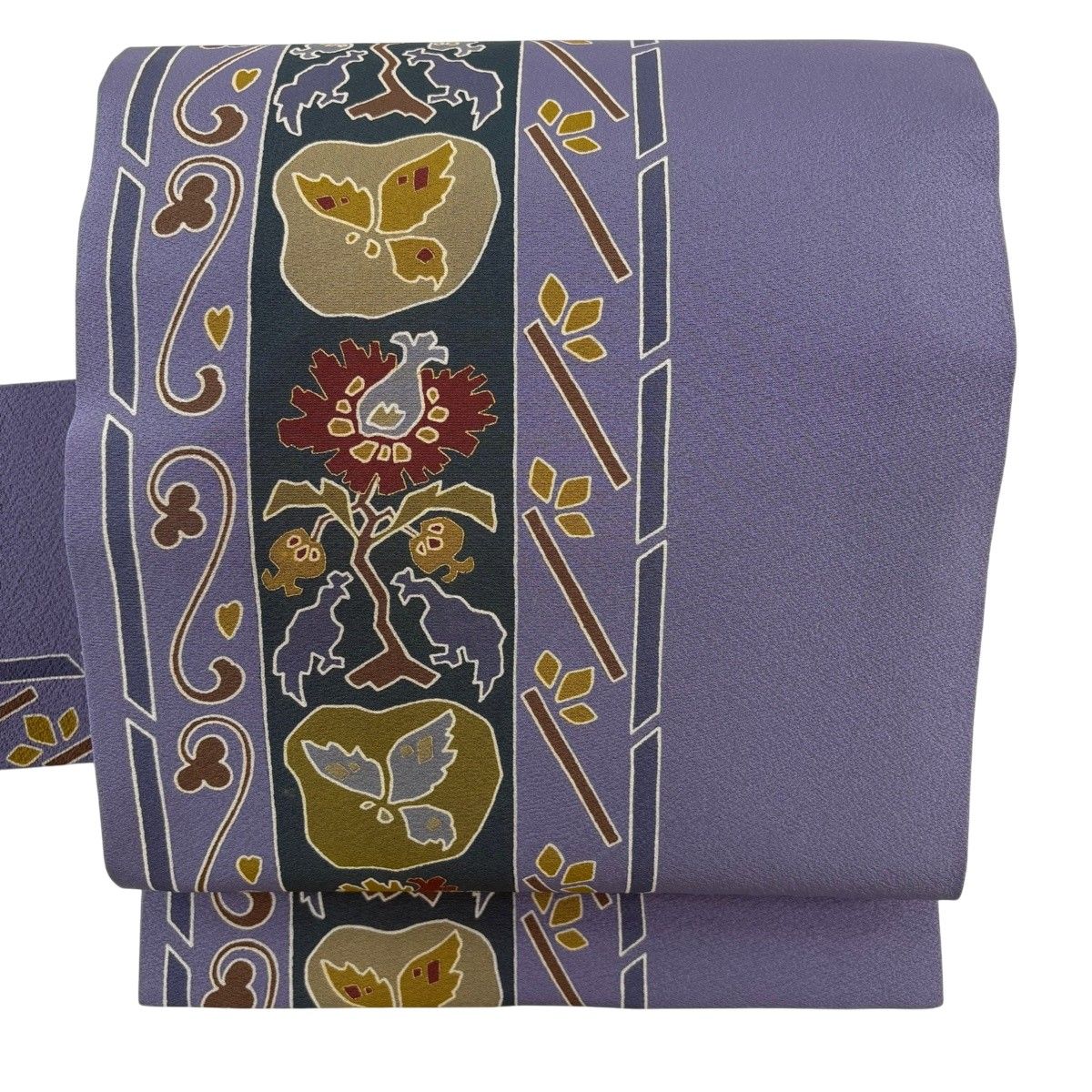 名古屋帯 秀品 草花 鳥 金彩 薄紫 正絹 【中古】