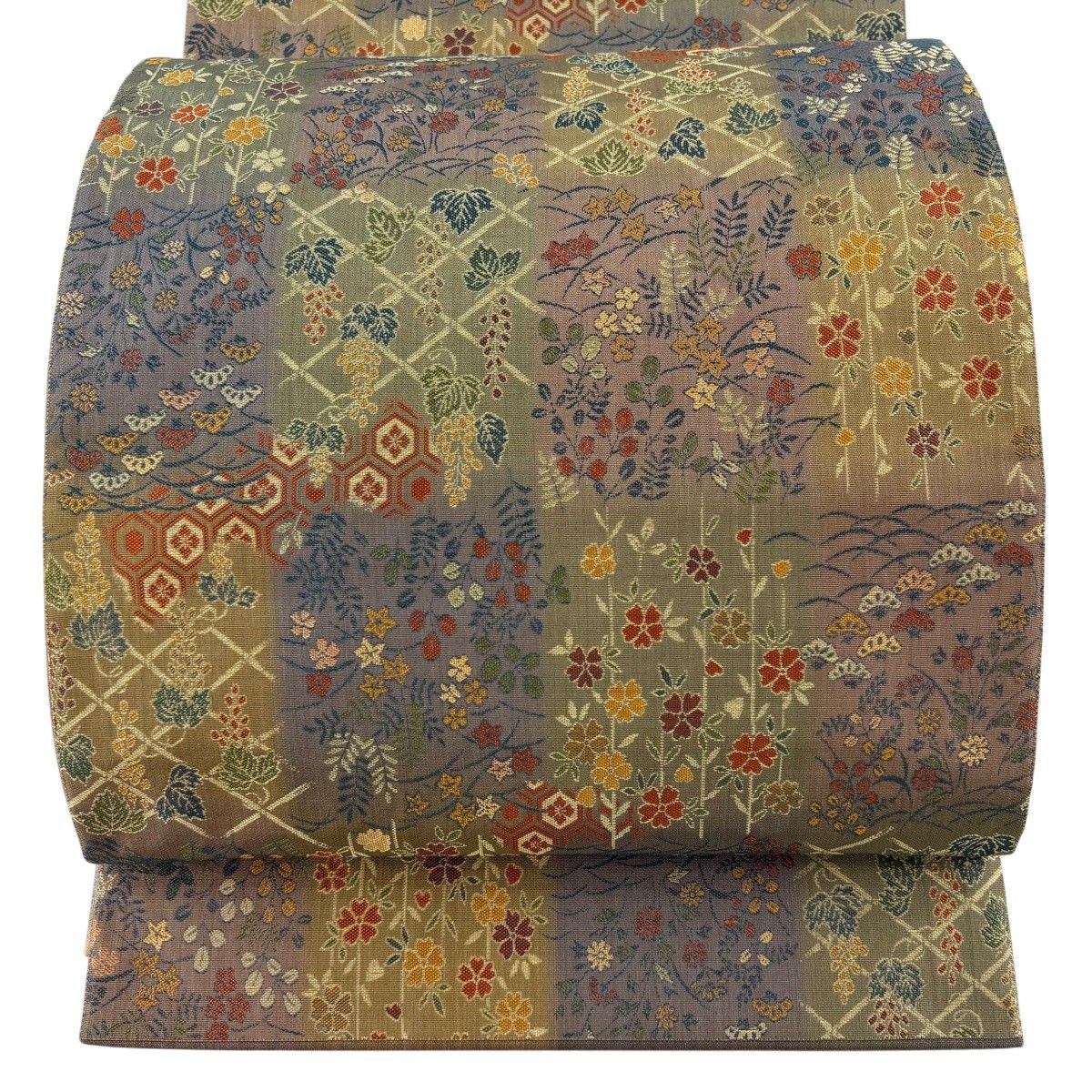 【美品】 袋帯 秀品 関西仕立て 草花 亀甲 茶緑色 六通 正絹 【中古】