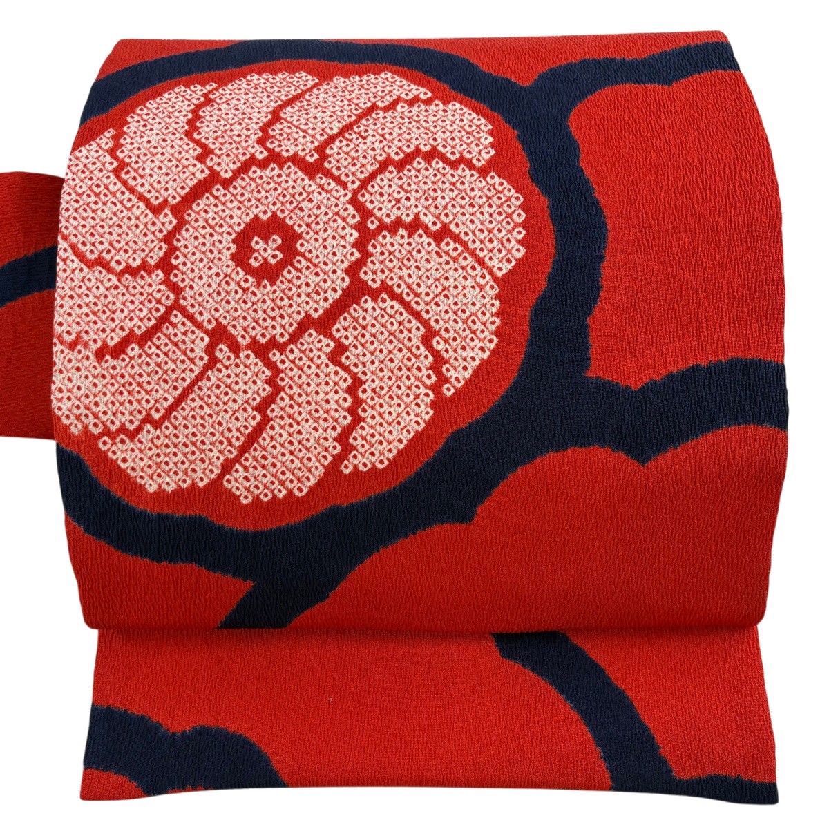 名古屋帯 秀品 花 幾何学 赤 正絹 【中古】