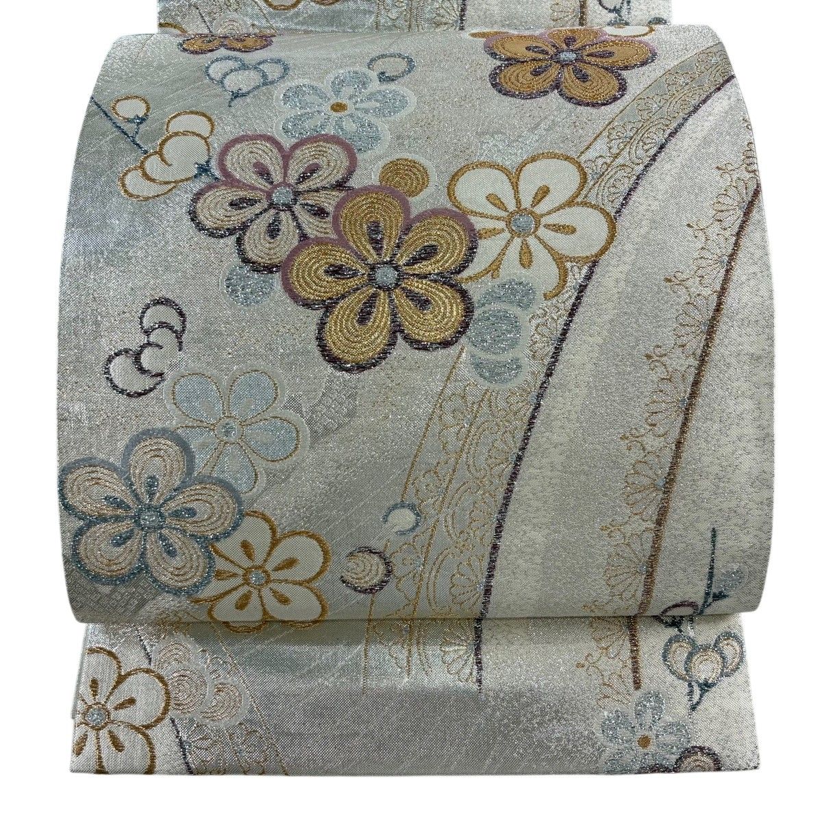 袋帯 秀品 梅 菊唐草 箔 銀色 六通 正絹 【中古】