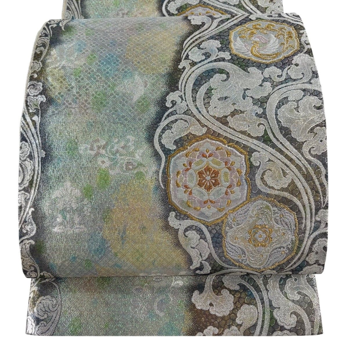 【美品】 袋帯 秀品 道長唐草華文 箔 金銀糸 薄緑 六通 正絹 【中古】