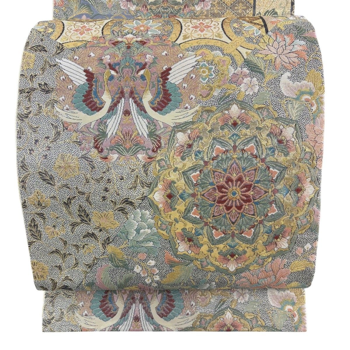 【美品】 袋帯 秀品 華文 向い鳥 箔 金糸 金色 六通 正絹 【中古】