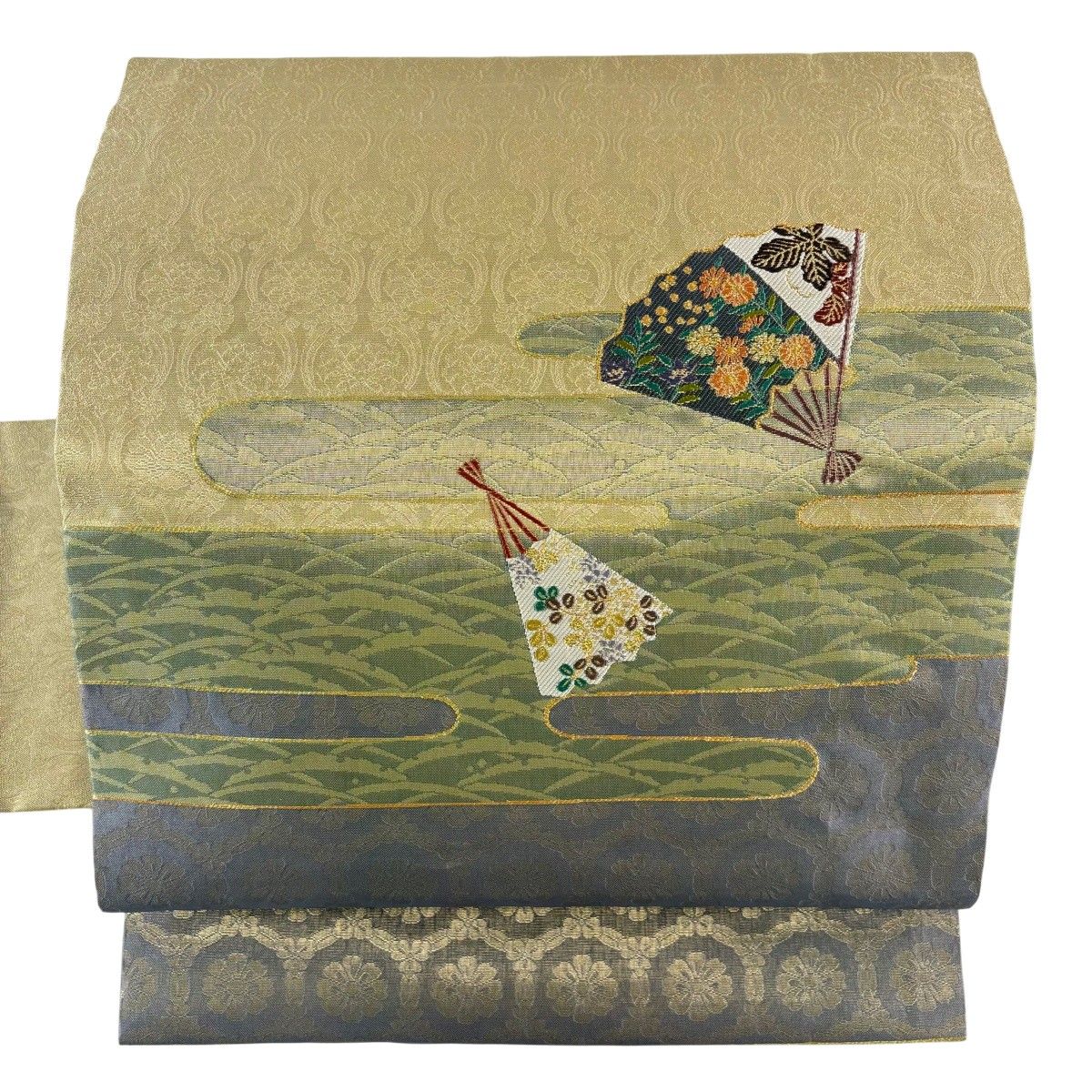【美品】 名古屋帯 秀品 関西仕立て 扇 霞 金糸 箔 金色 正絹 【中古】