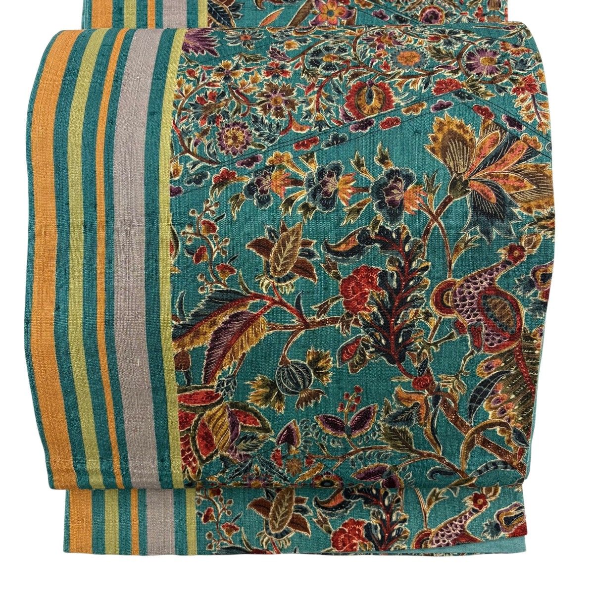 【美品】 袋帯 秀品 証紙 紬地 鳥 草花 緑 六通 正絹 【中古】