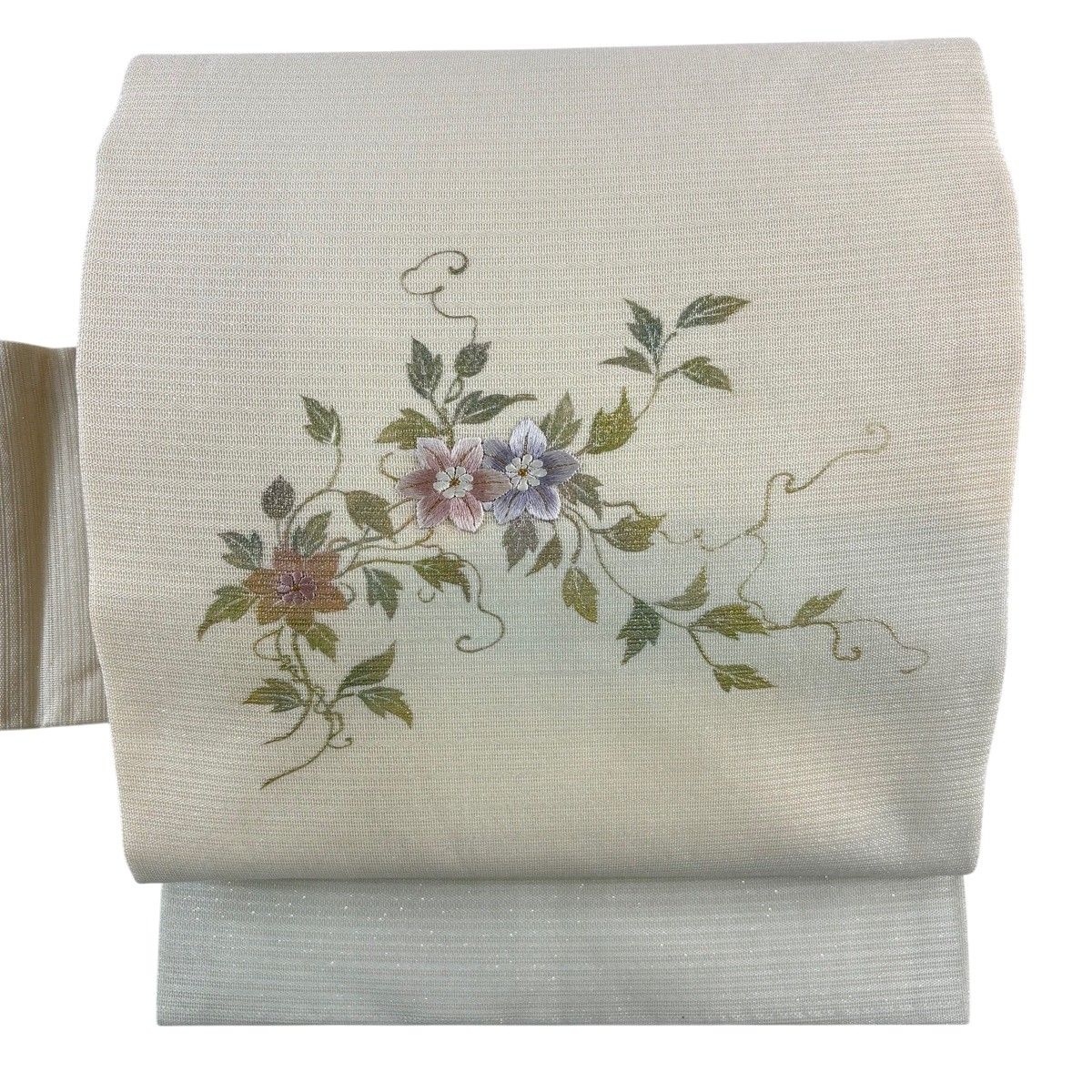 【美品】 名古屋帯 秀品 夏帯 絽 草花 箔 金銀彩 クリーム 正絹 【中古】