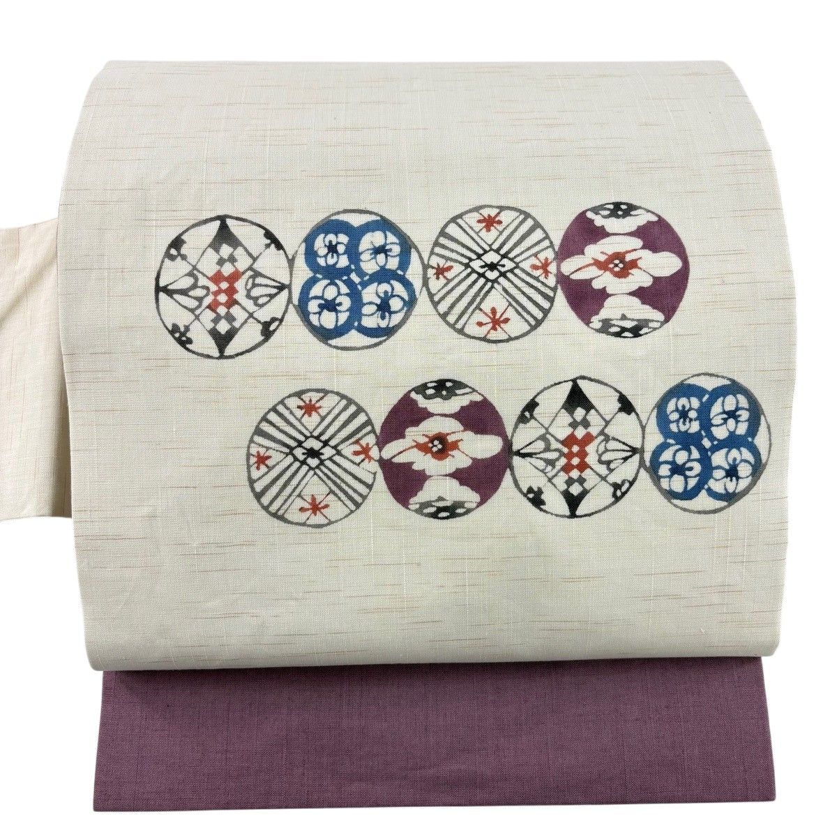 【美品】 名古屋帯 秀品 丸紋 花 クリーム 正絹 【中古】