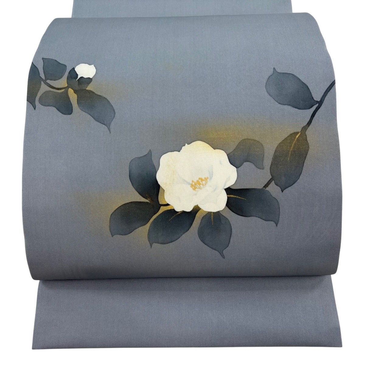 開き名古屋帯 秀品 落款 枝花 金彩 青灰色 正絹 【中古】