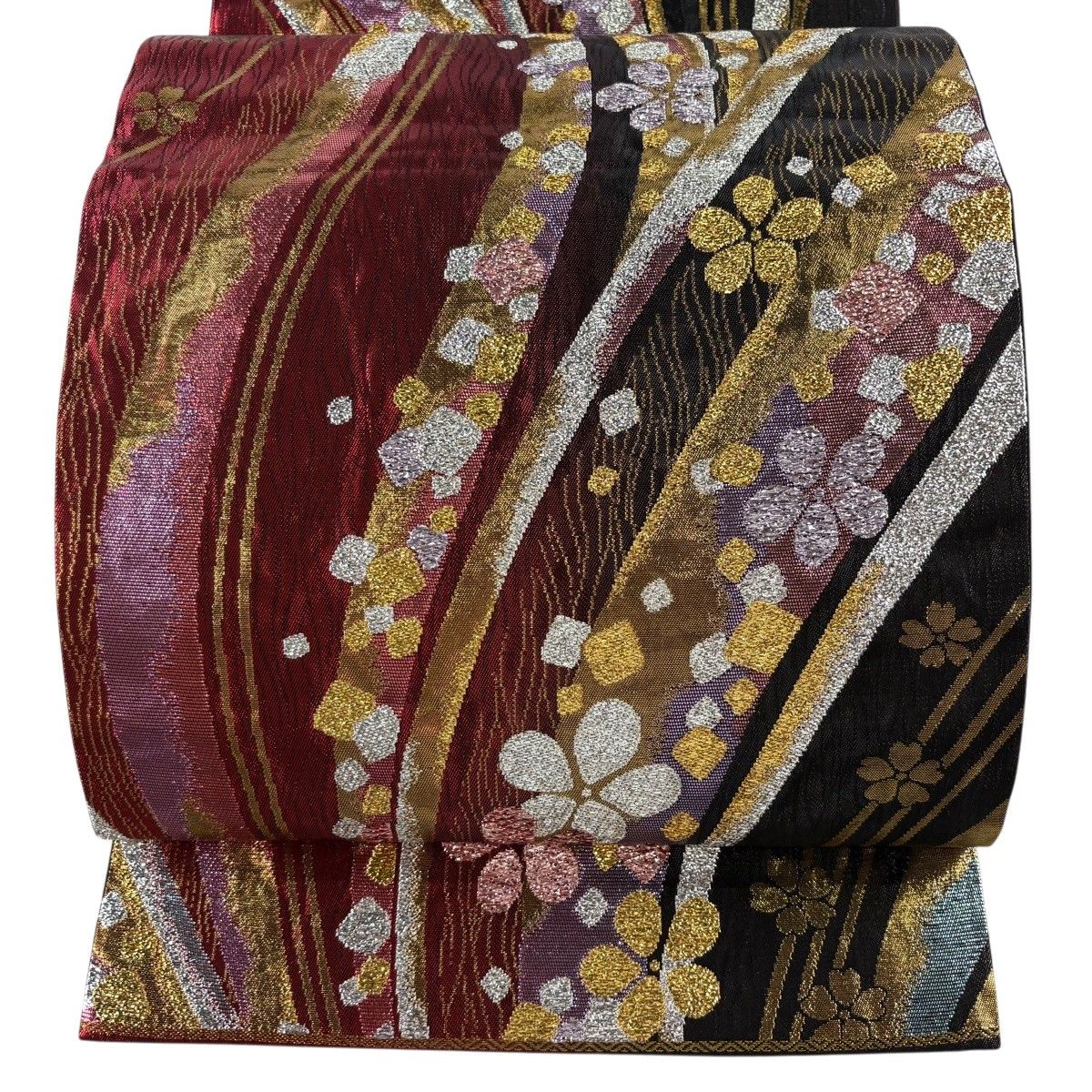 【美品】 袋帯 秀品 振袖向き 花 箔散らし柄 箔 赤 六通 正絹 【中古】
