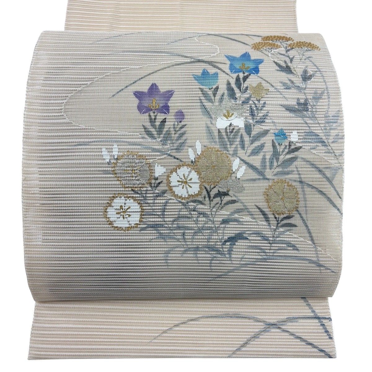 【美品】 名古屋帯 秀品 落款 夏帯 絽 八寸名古屋帯 トンネル仕立て 秋草 霞 金銀彩 クリーム 正絹 【中古】