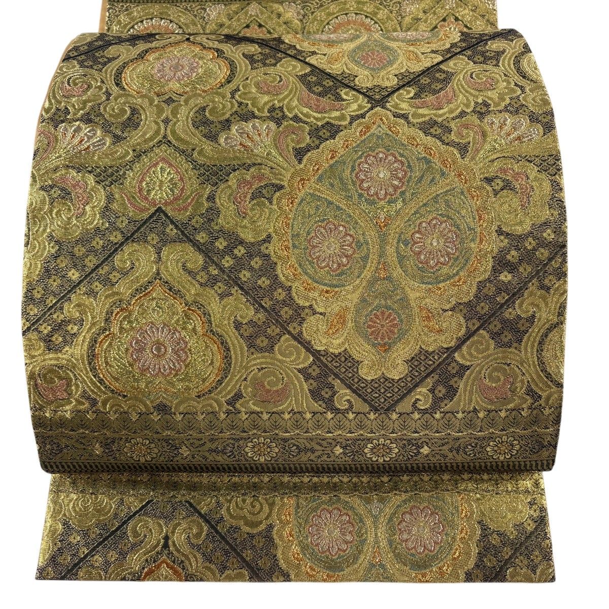 【美品】 袋帯 秀品 幾何学 草花 箔 金糸 金色 六通 正絹 【中古】
