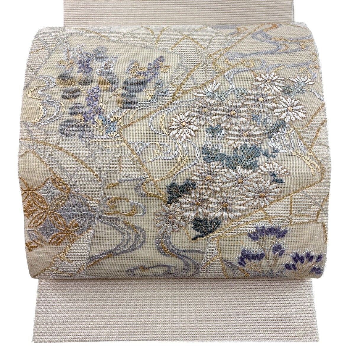 袋帯 秀品 夏帯 絽 色紙 菊 金銀糸 刺繍 クリーム お太鼓柄 正絹 【中古】