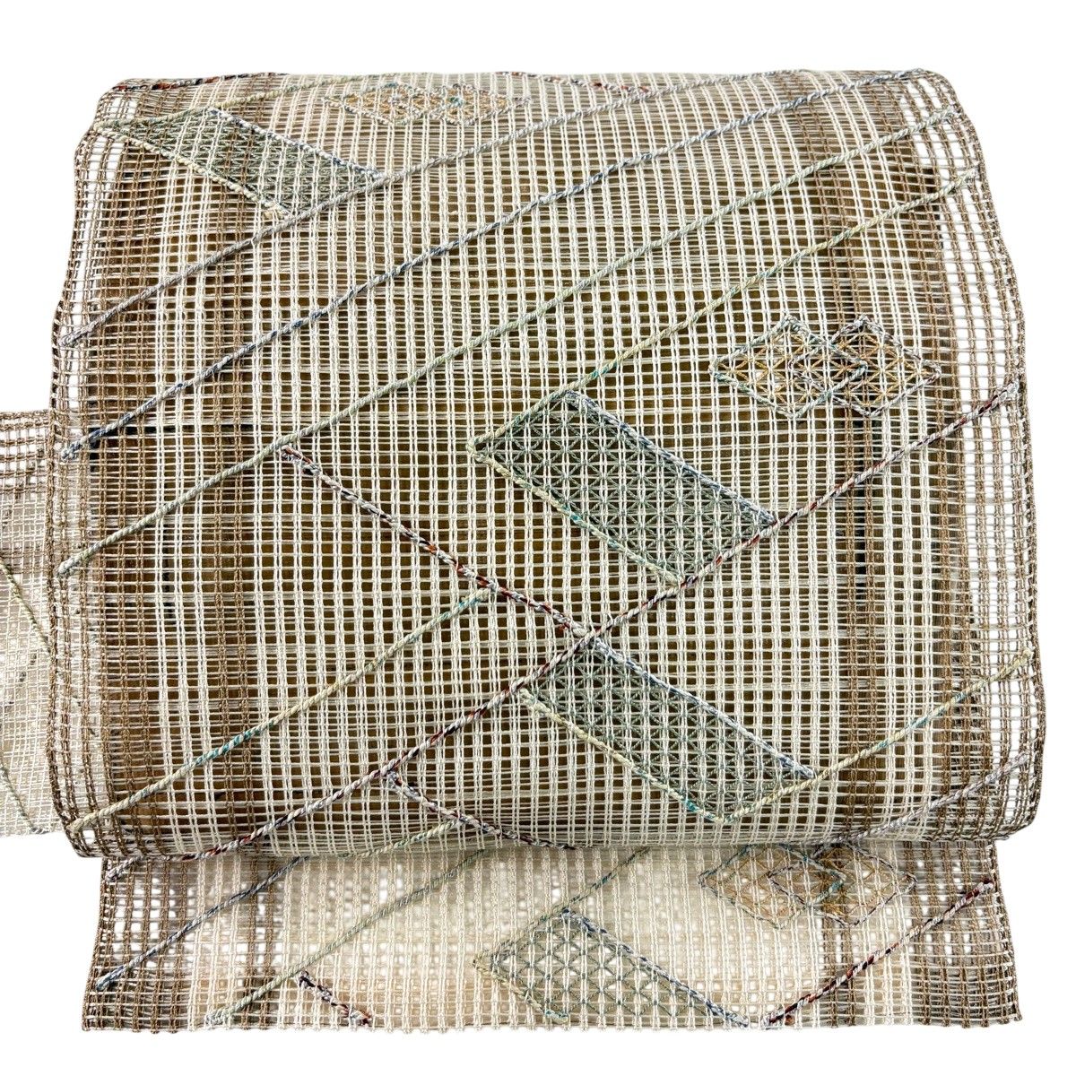 美品】 名古屋帯 秀品 夏帯 羅 菱 斜縞 金銀糸 ベージュ 正絹 【中古