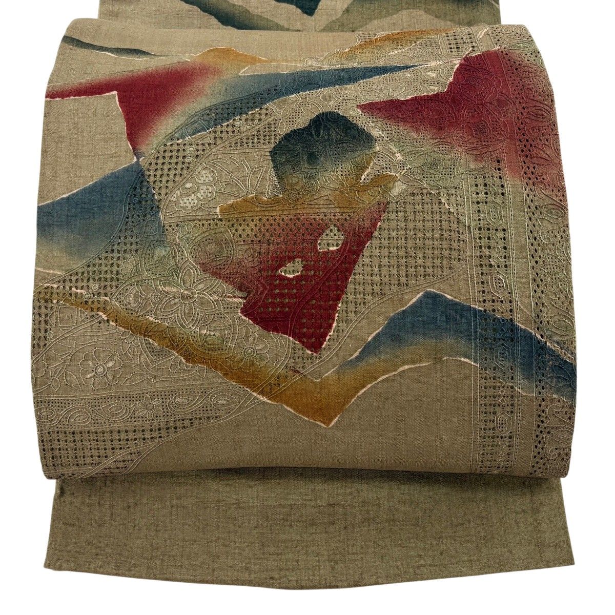 【美品】 袋帯 秀品 華文 幾何学 刺繍 茶緑色 お太鼓柄 正絹 【中古】