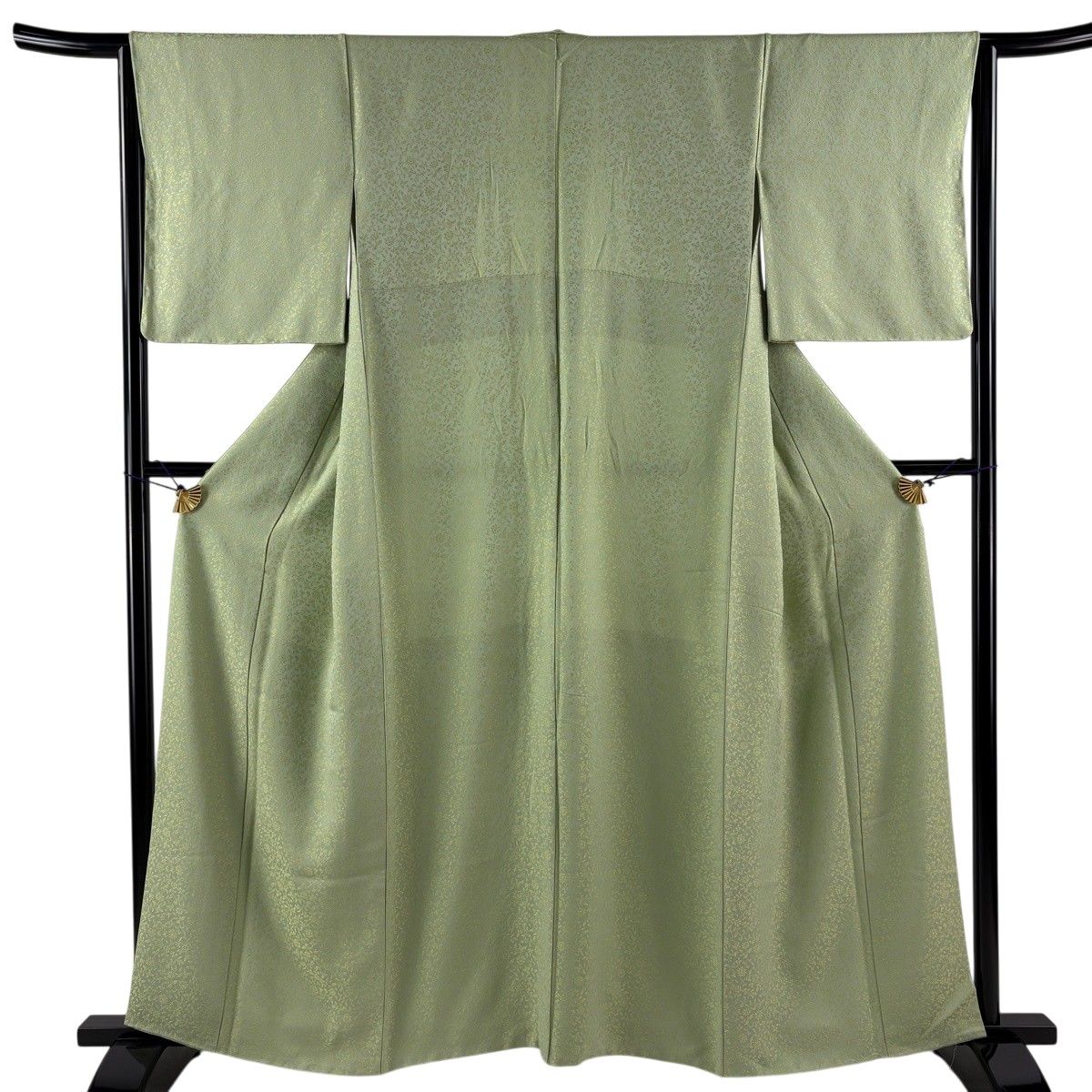 お召 身丈160cm 裄丈64cm M 袷 草花 黄緑色 正絹 逸品 【中古】