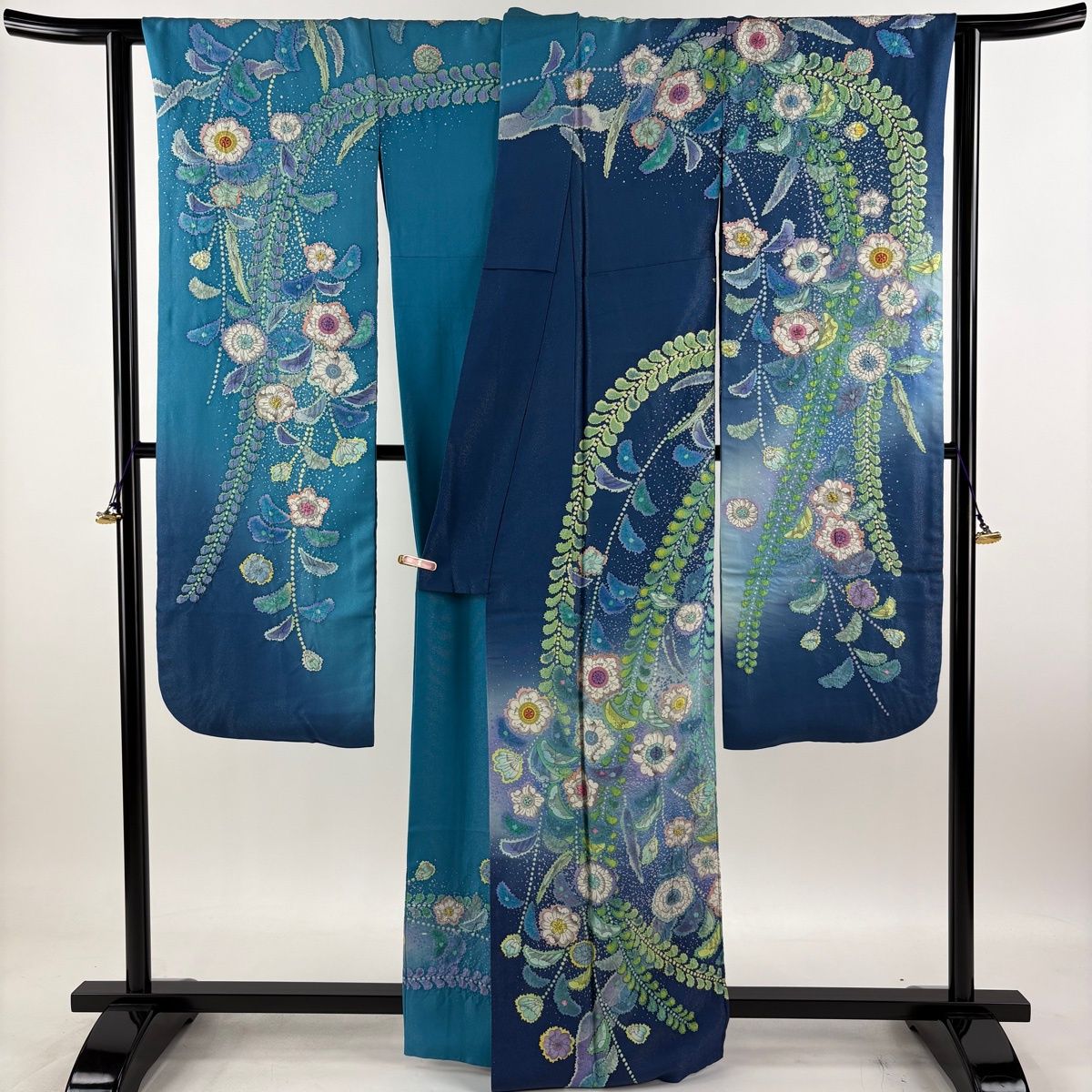 振袖 身丈165cm 裄丈67cm M 袷 辻が花 銀通し ぼかし 青 正絹 逸品