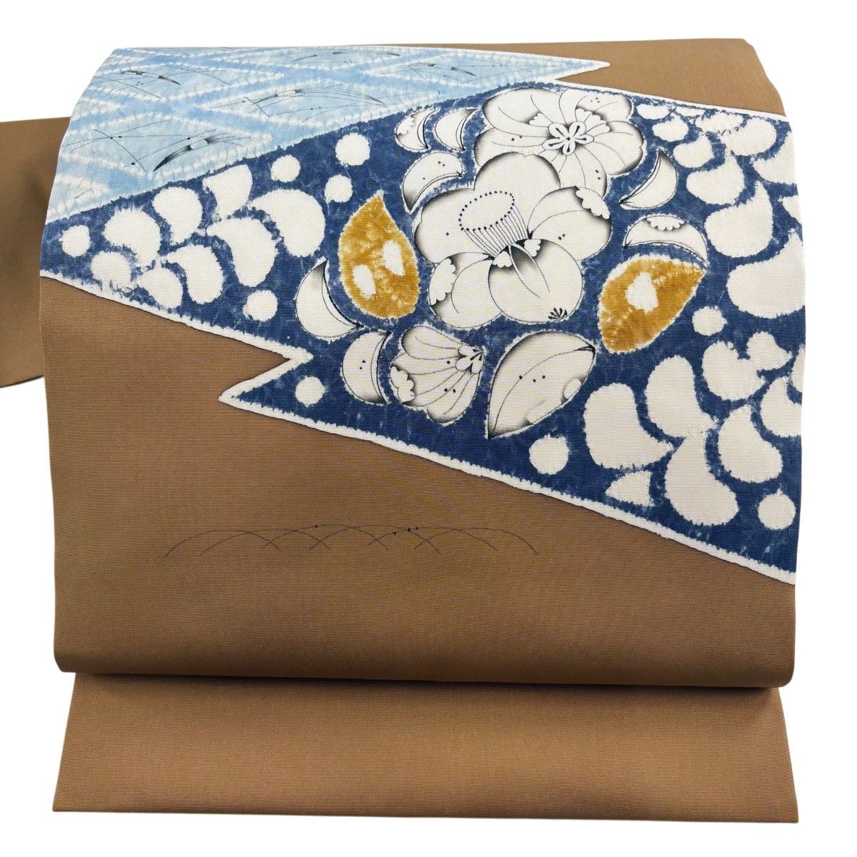 【美品】 名古屋帯 逸品 小倉淳史 落款 辻が花柄 露芝 絞り 山吹茶色 正絹 【中古】