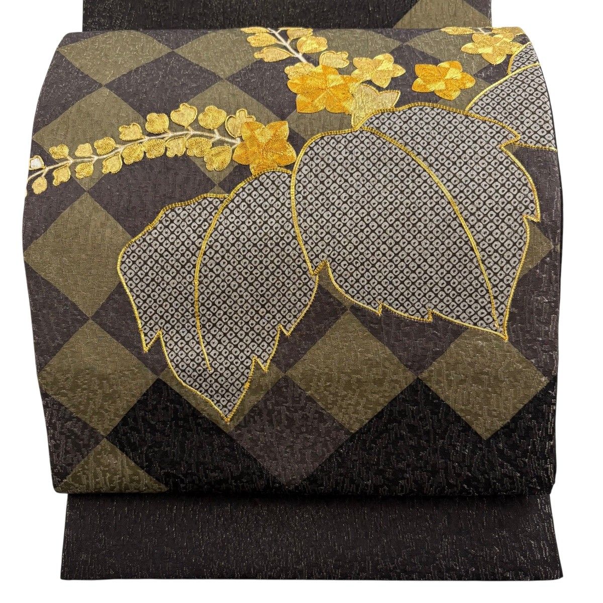 【美品】 袋帯 逸品 落款 大喜百花 桐 変わり市松 金糸 金彩 焦茶色 お太鼓柄 正絹 【中古】