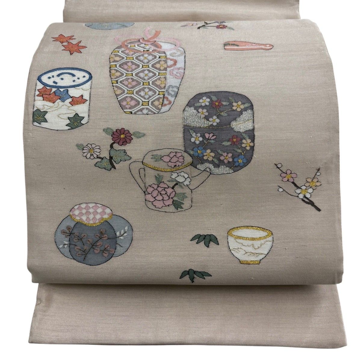 袋帯 逸品 茶道具 草花 金銀糸 ベージュ お太鼓柄 正絹 【中古】