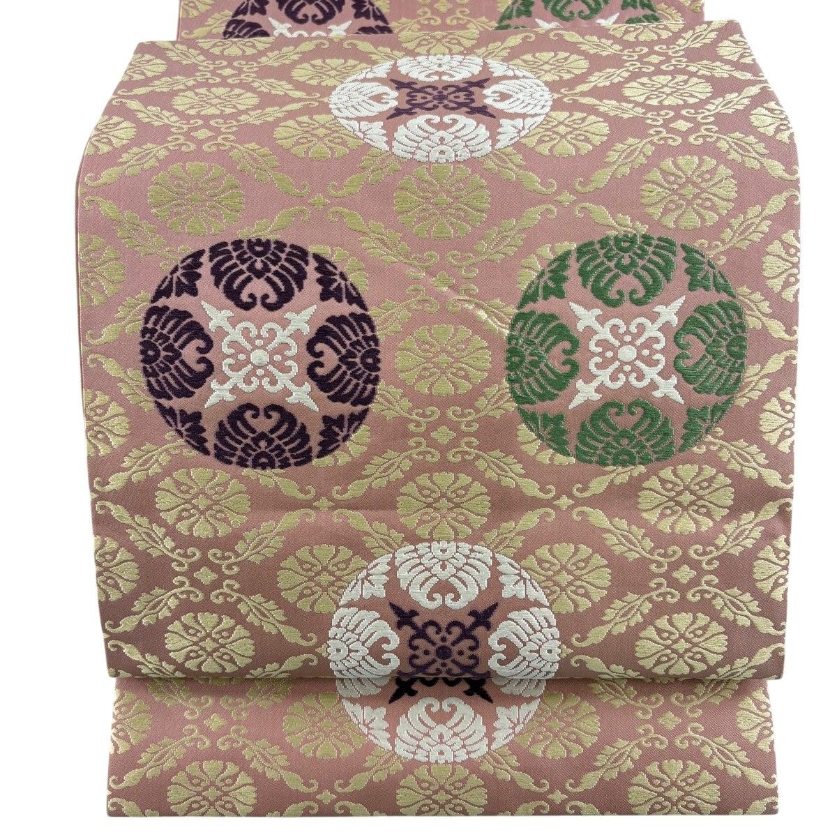 開き名古屋帯 逸品 人間国宝 喜多川平朗 比翼仕立て 浮線綾文 花 ピンク 正絹 【中古】