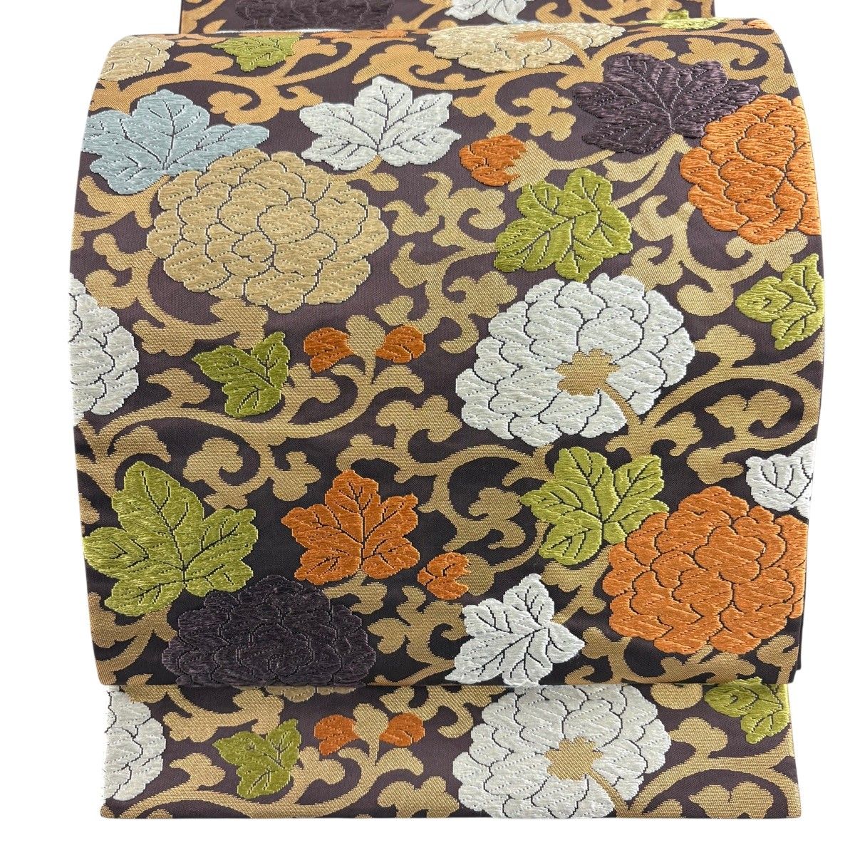 【美品】 袋帯 逸品 河合美術織物 落款 能衣錦 花唐草 箔 唐織 茶紫 六通 正絹 【中古】
