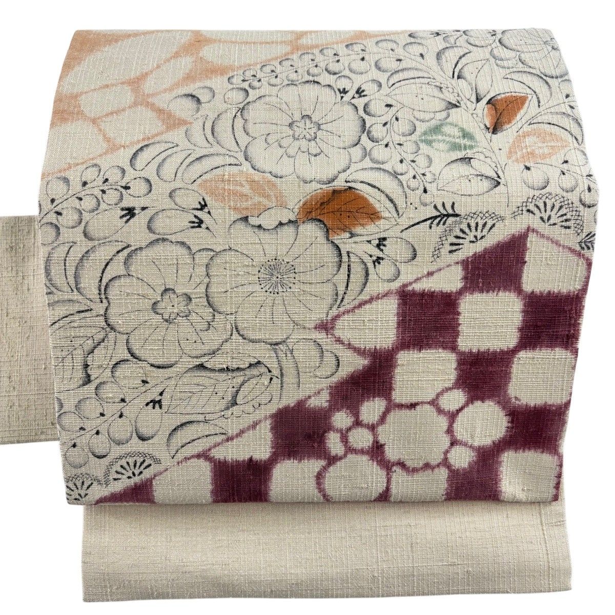 【美品】 名古屋帯 逸品 田畑喜八 落款 紬地 草花 ベージュ 正絹 【中古】