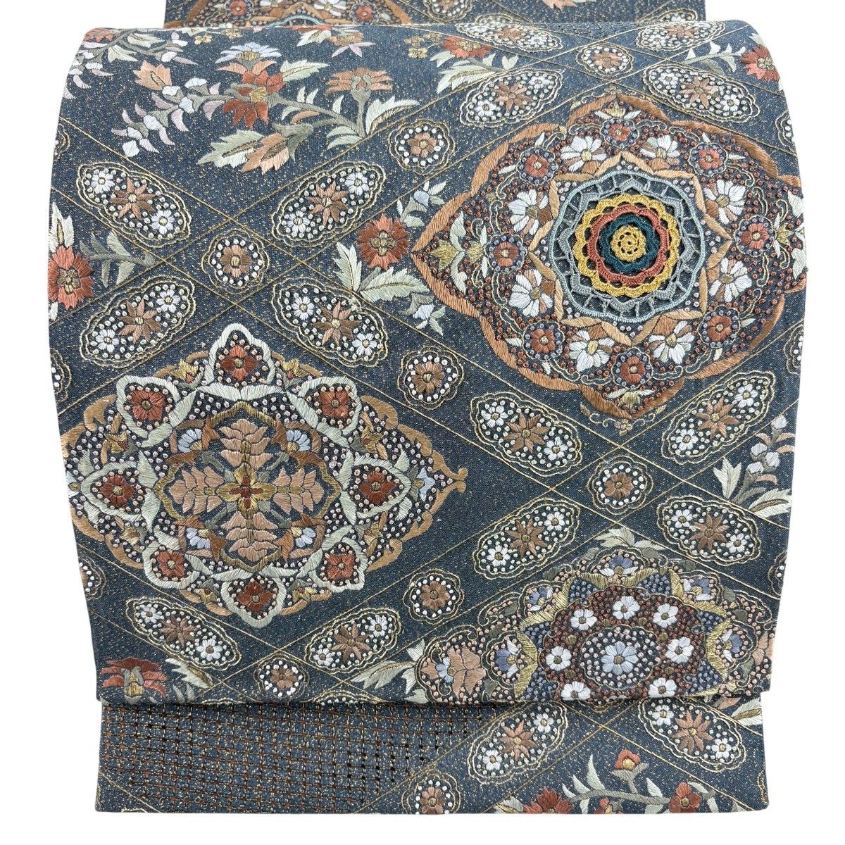 袋帯 逸品 華文 草花 刺繍 箔 深緑 六通 正絹 【中古】
