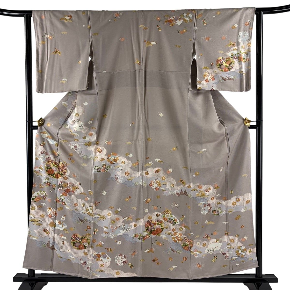 訪問着 身丈156cm 裄丈62cm S 袷 団扇文 草花 金糸 金彩 薄小豆 正絹 名品 【中古】