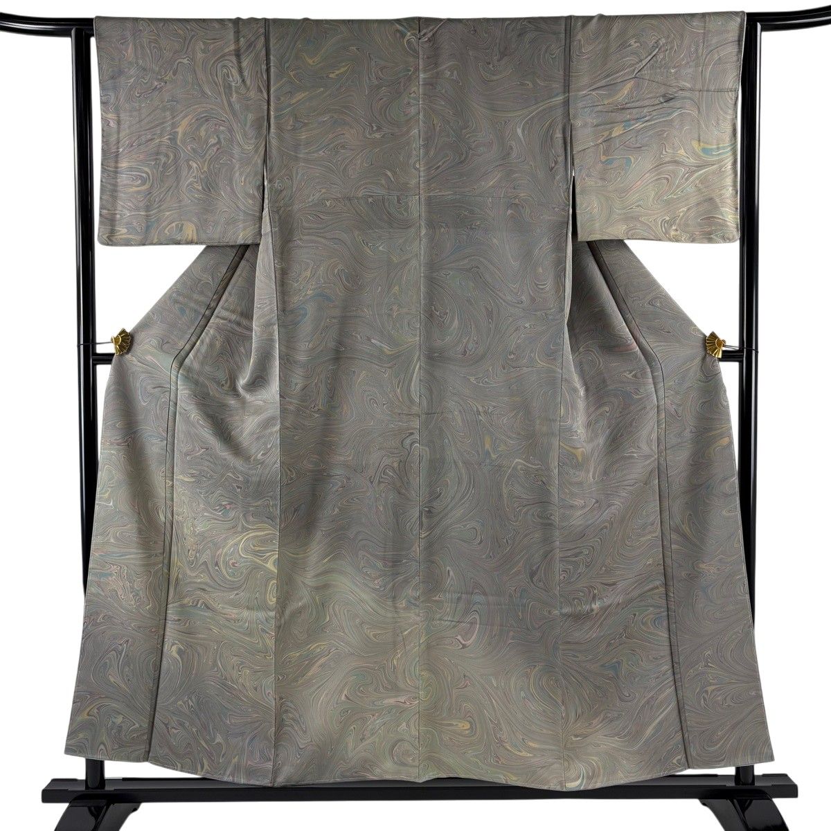 【美品】 付下げ 身丈156cm 裄丈64cm M 袷 墨流し 灰緑 正絹 名品 【中古】