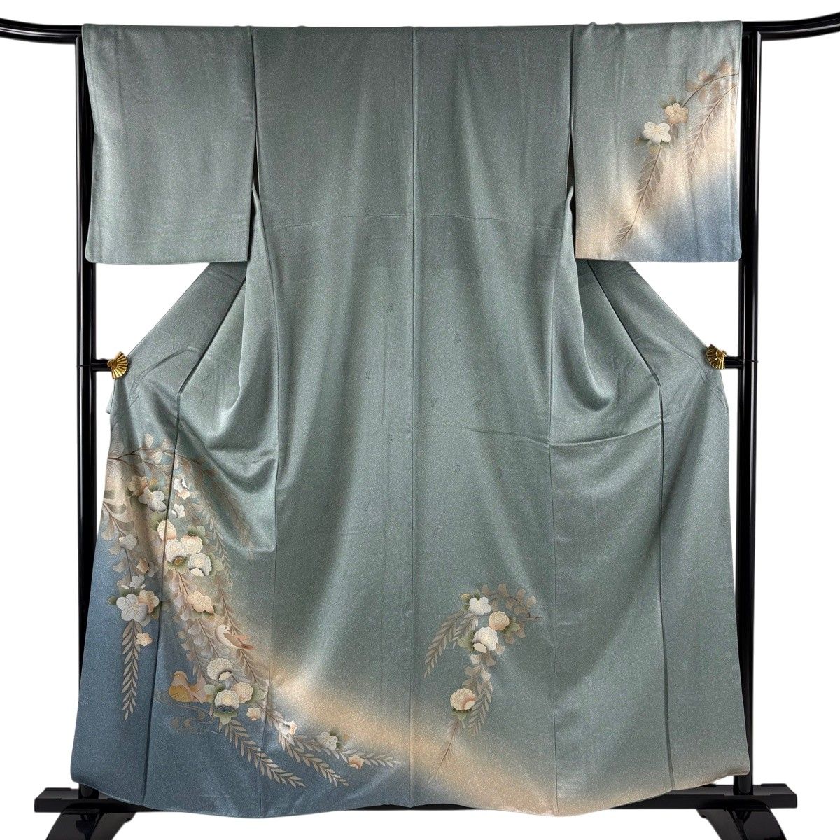 付下げ 身丈159.5cm 裄丈65cm M 袷 草花 鴛鴦 螺鈿 金銀彩 薄緑 正絹 名品 【中古】