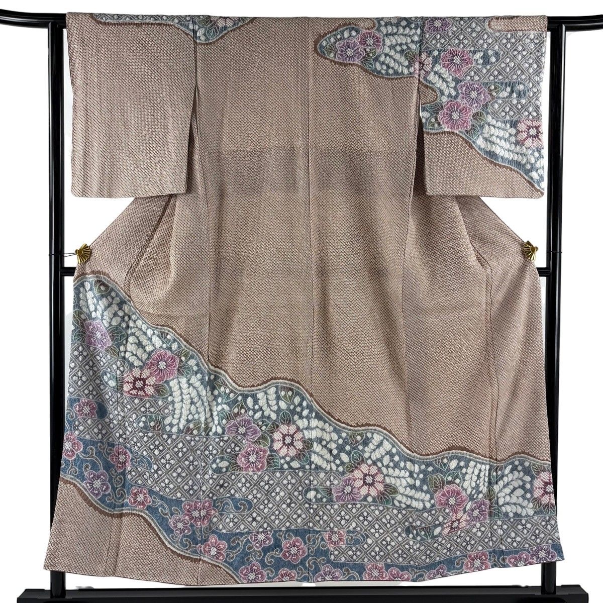 訪問着 身丈152cm 裄丈63cm S 袷 草花 ヱ霞 総絞り 薄茶色 正絹 名品 【中古】