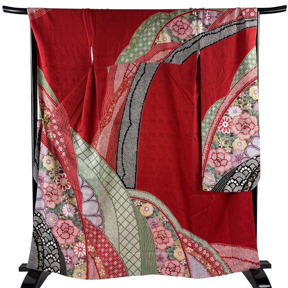 振袖 身丈162cm 裄丈68cm L 袷 草花 有職文様 金彩 絞り 赤 正絹 名品 【中古】