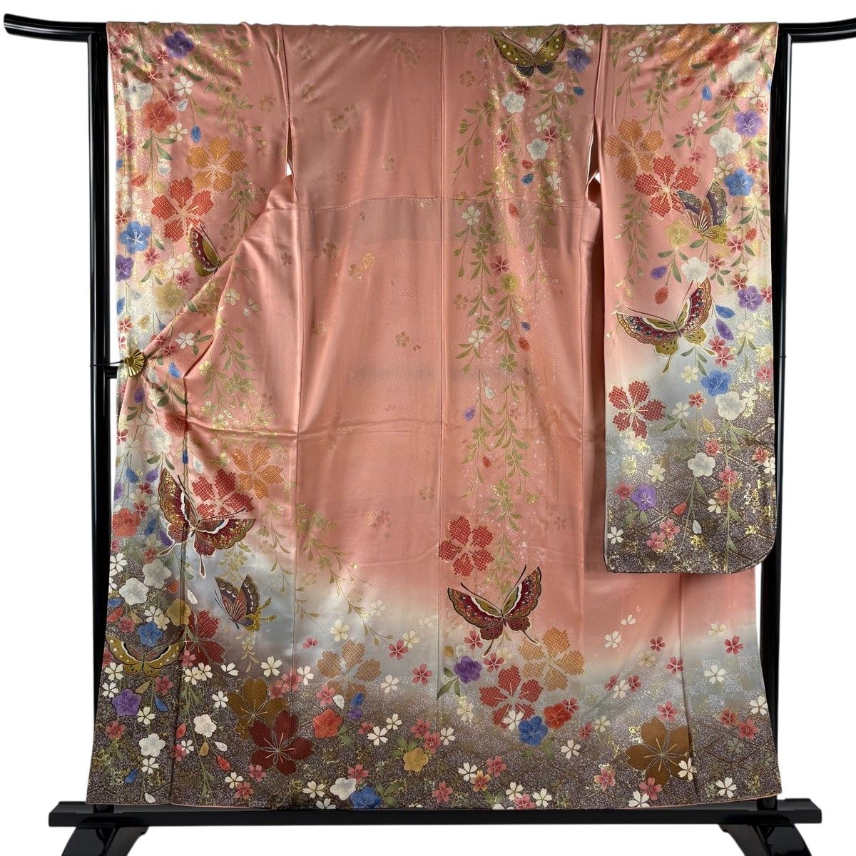 振袖 身丈158cm 裄丈63cm S 袷 蝶 桜 金彩 ぼかし サーモンピンク 正絹 名品 【中古】