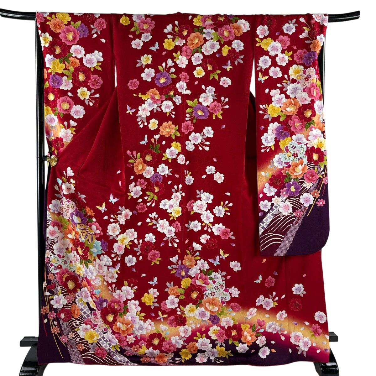 美品】 振袖 身丈172cm 裄丈67cm M 袷 手鞠 草花 金糸 ぼかし 赤 正絹