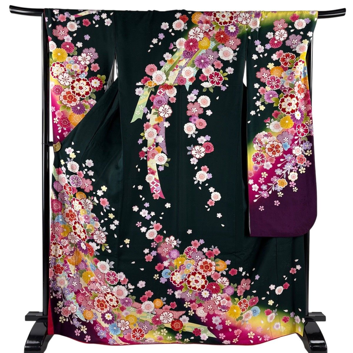 振袖 身丈170cm 裄丈67cm M 袷 桜 熨斗 金糸 ぼかし 深緑 正絹 名品